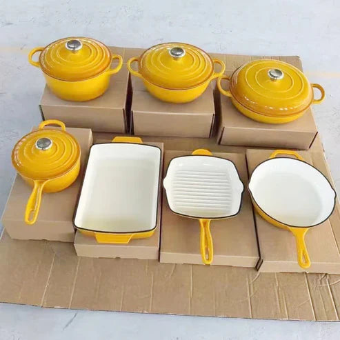 YELLOW ENAMEL CAST IRON KITCHENWARE - 7 PCS SET