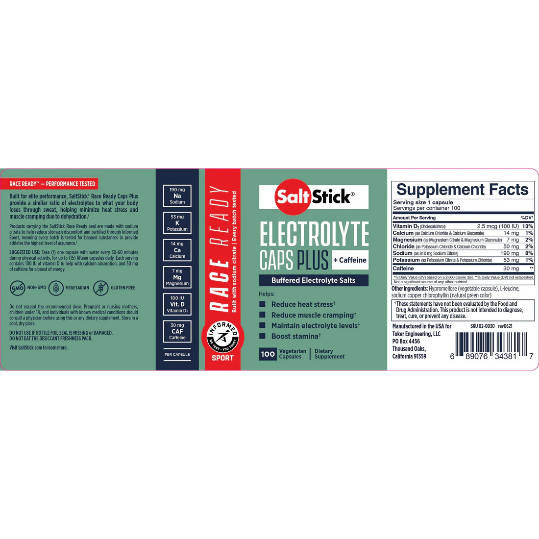 SaltStick Race Ready Electrolyte Caps Plus + Caffeine - Bottle 100ct