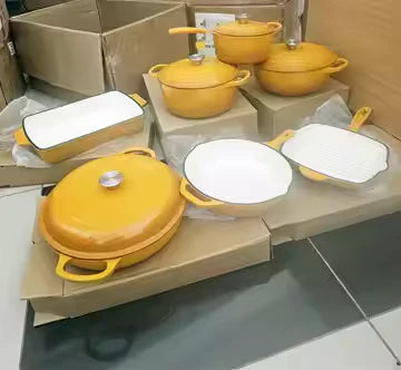 YELLOW ENAMEL CAST IRON KITCHENWARE - 7 PCS SET