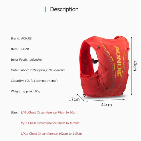 AONIJIE Advanced Skin 12L Hiking Hydration Backpack - ORANGE