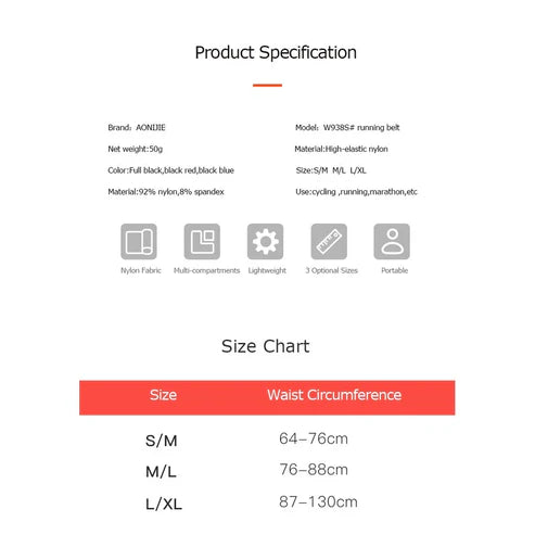 AONIJIE Slim Jogging Bag with 250ml Soft Flask W938S - BLACK RED L/XL