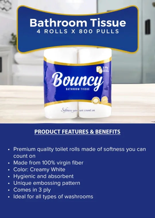 Bouncy Bathroom Tissue 3 Ply 200 Pulls x 4 Rolls