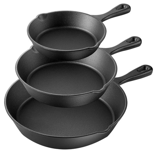 Pre Seasoned CAST IRON SET - 3 pans with 2 glass lids